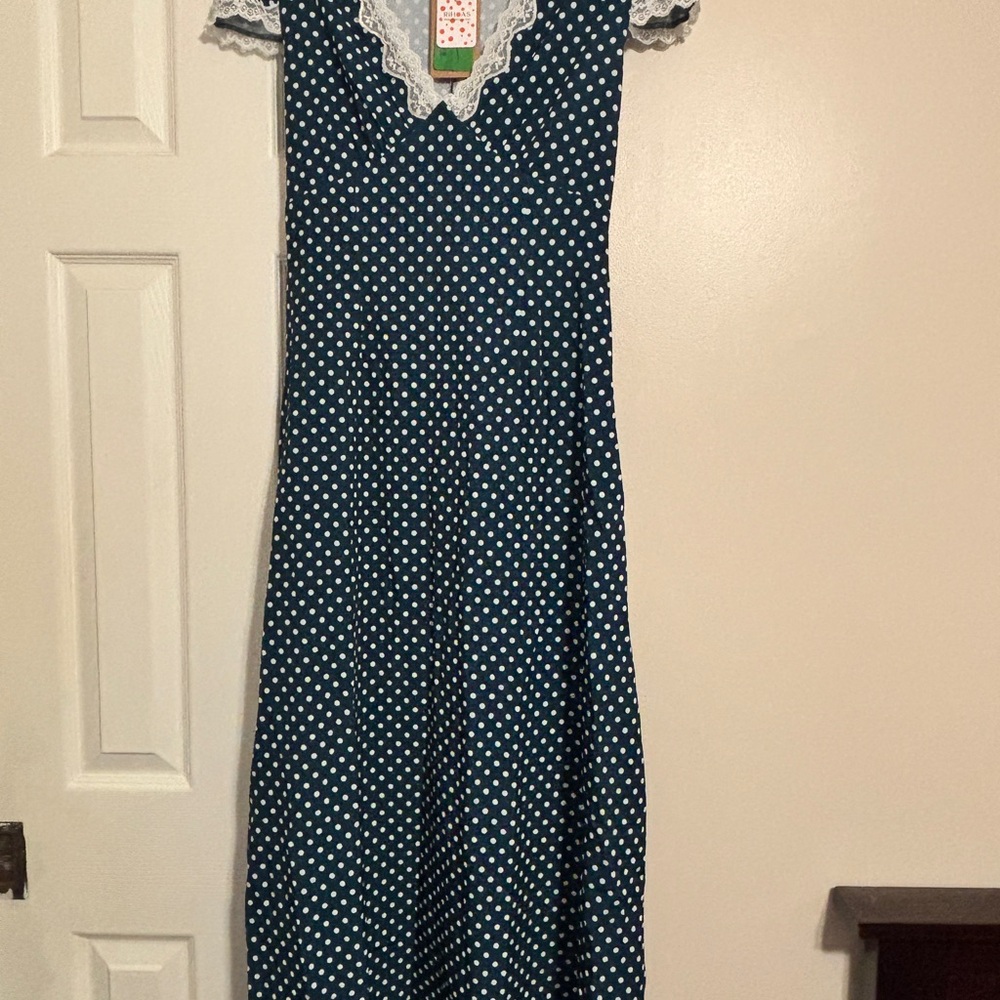 RIHOAS Teal Polka Dot Maxi Dress with White Lace Trim